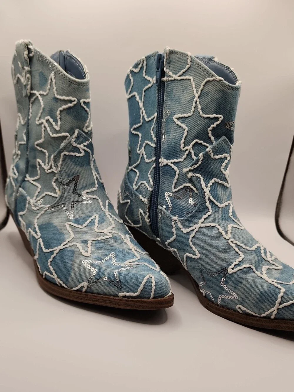 No Boundaries Light Blue Star Denim Cowboy Ankle Boots